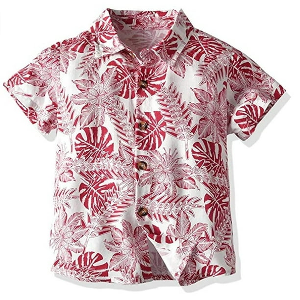 Toddler Kids Boy Tropical Hawaiian Tree Leaf Printed Shirt Short Sleeve Spread Collar Button