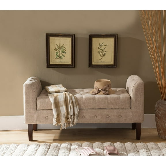 Trish Armed Tufted Storage Bench Ottoman, Upholstered Brown Microfiber, For Bedroom or Entryway, Contemporary