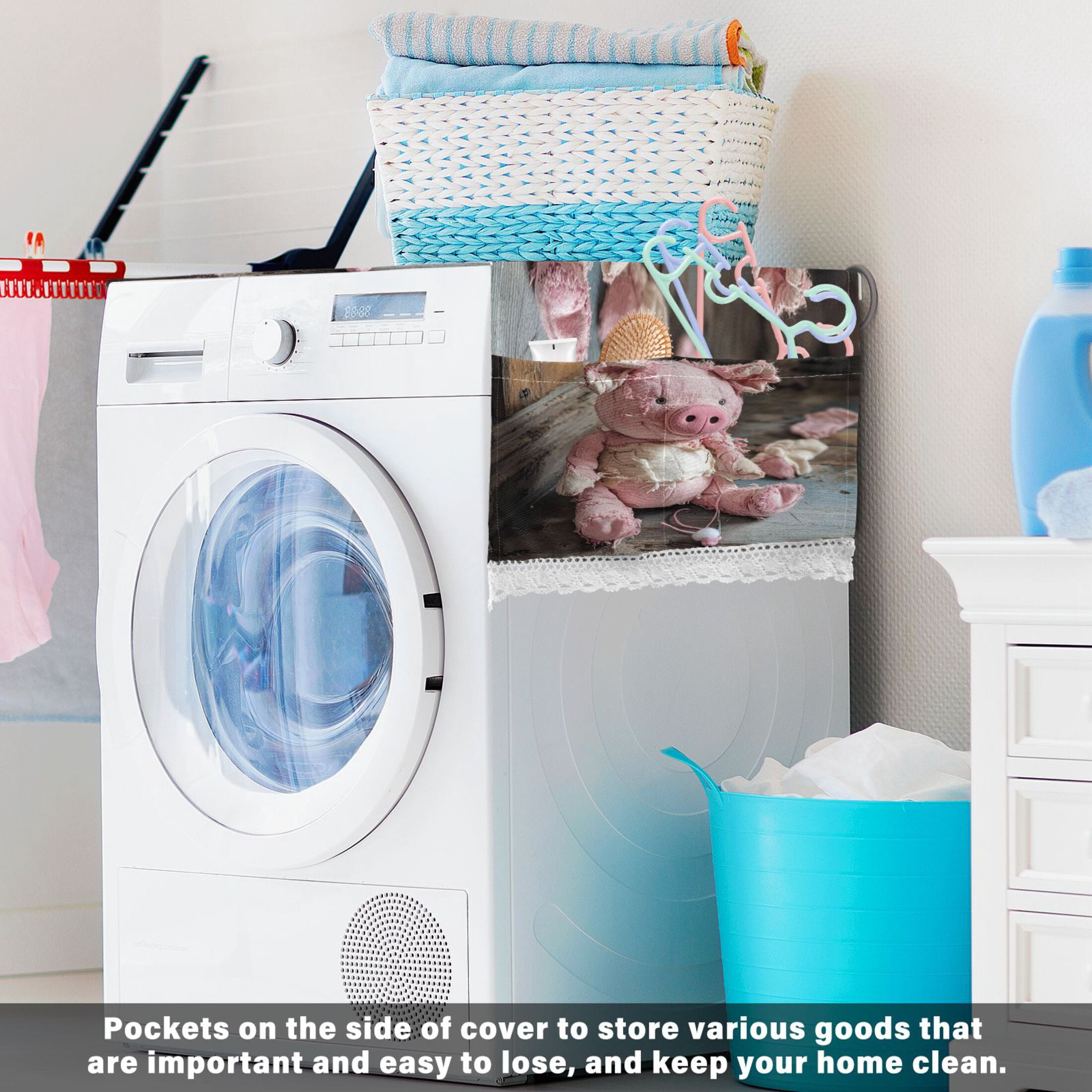 A Pink Piggy DollWasher and Dryer Covers Dust-Proof and Oil Resistant Fridge Cover with 4 Storage Pockets Washing Machine Top Cover for Laundry Kitchen Home 51.2 x 22 In