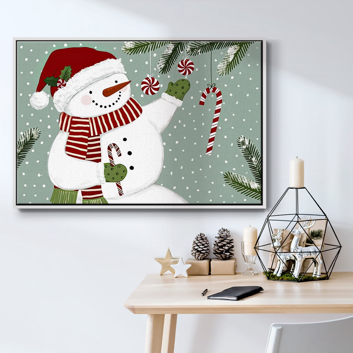 Peppermint Snowman Collection A - Framed Gallery Wrapped Holiday Canvas - 27 x 41 - White Frame