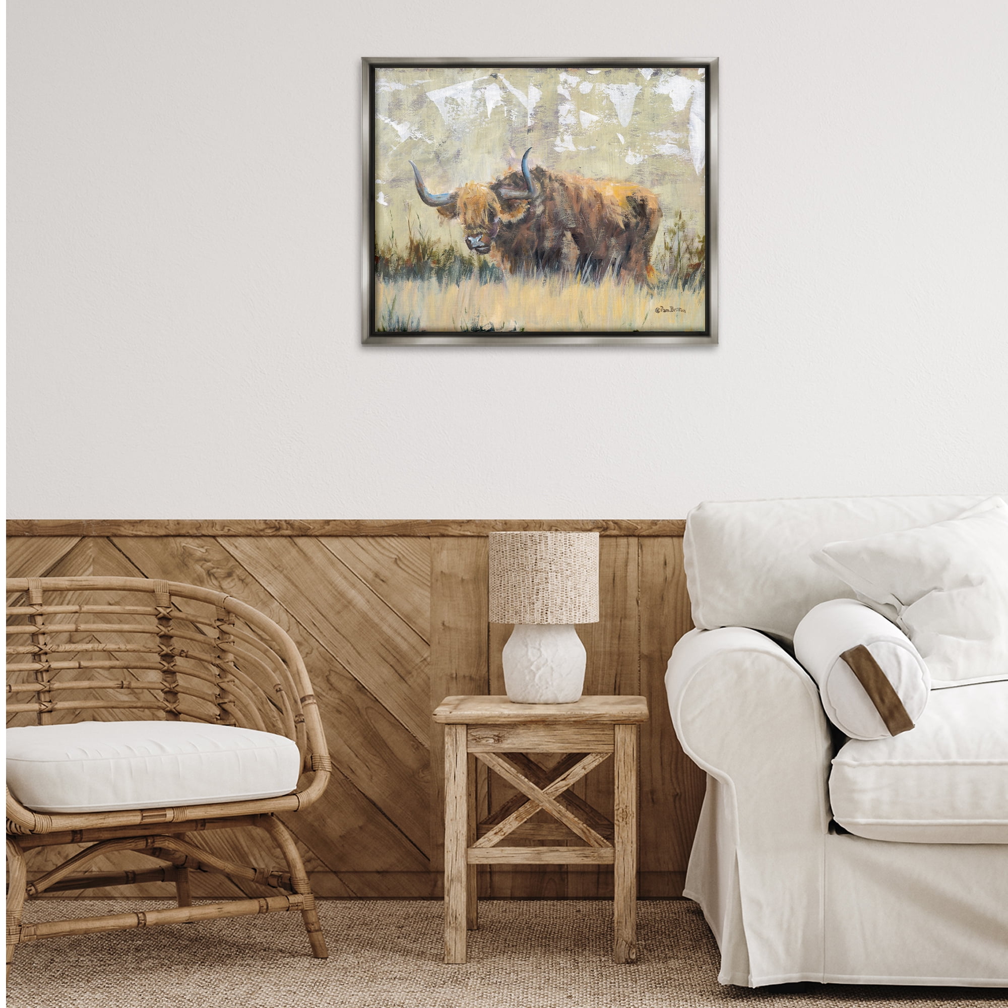 Stupell Industries Rustic Patterned Longhorn Animals & Insects Painting Gray Floater Framed Canvas Art Print Wall Art, 31 x 25