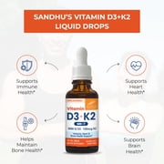 Sandhus Vitamin D3 K2 Drops for Adults | 5000 IU D3 Liquid, 120mcg K2 Supplement 1 Fl Oz (Pack of 2) | D3K2 Supports Superior Absorption, Energy, Immune, Muscle Health for Men & Women