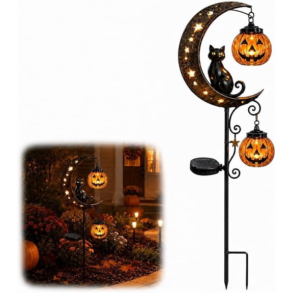 Solar Halloween Black Cat & Pumpkin Moon Garden Stake Light, 33.6inch Solar Black Cat Stake Light – Spooky Garden Decor with LED Glow, Waterproof, Halloween Decor for Patio, Lawn, Pathway