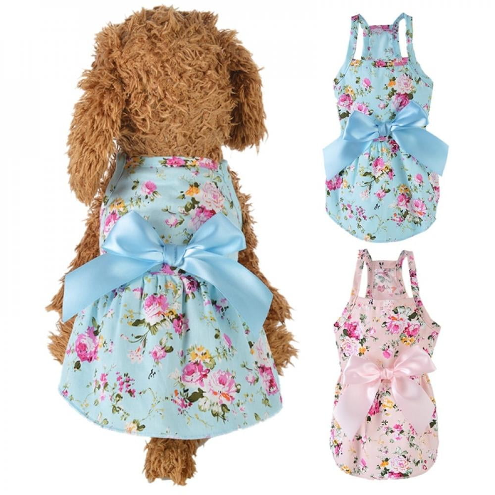 ABRRLO 2 Pack Dog Dresses for Small Medium Dogs Girl Cute Floral Print Puppy Cat Princess Dress with Lovely Bow Summer Pet Clothes Apparel