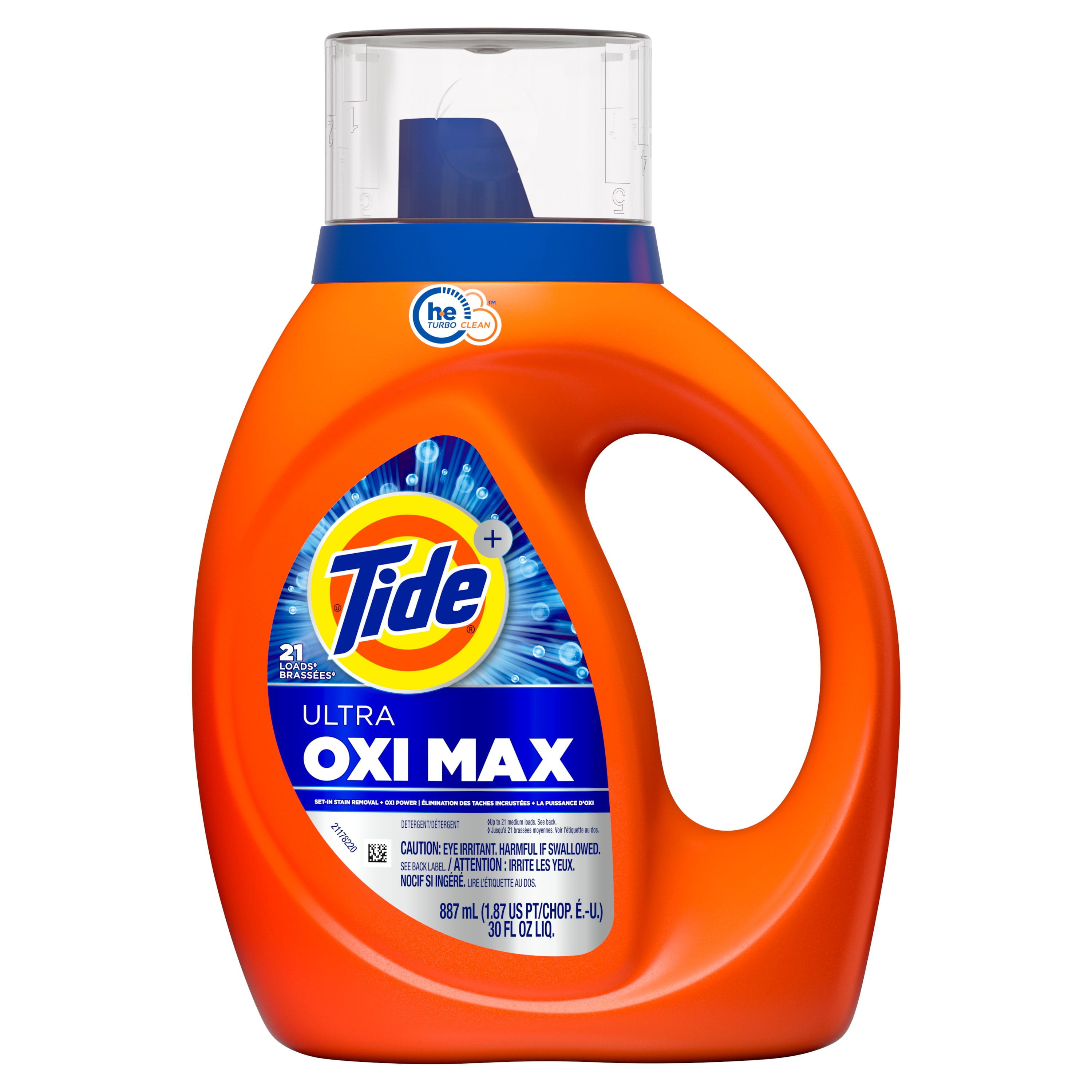 Détergent à lessive liquide Tide Ultra Oxi Max, détachant et pouvoir d’Oxi, détergent à lessive liquide avec pouvoir Extra Oxi, 887 mL