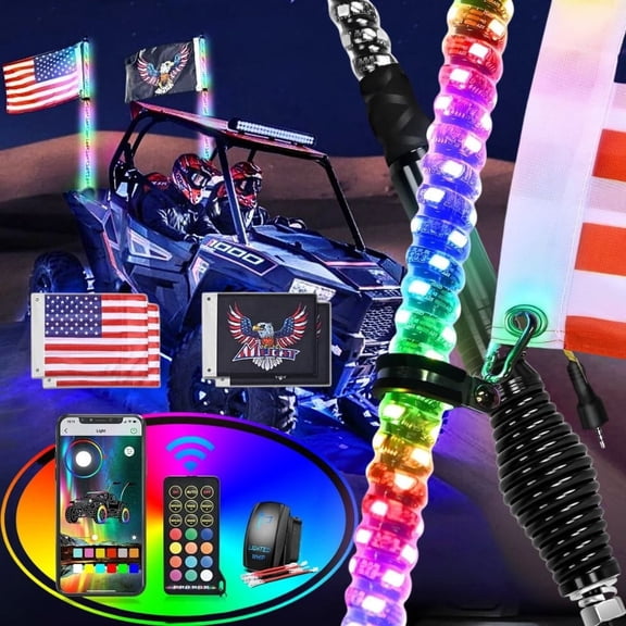 Nilight 2PCS 4FT RGB LED Whip Light with Spring Base Remote App Control w/DIY Chasing Patterns Turn Signal & Brake Lights for ATV UTV Polaris RZR Can-am Dune Buggy Jeep