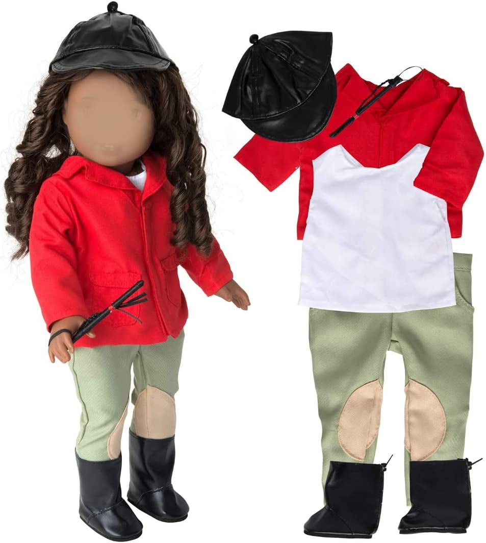 Dress Along Dolly 6pc Horseback Riding Outfit - 18" Doll Clothes & Accessories Compatible w American Girl Dolls - Equestrian Set Includes Hat, Shirt, Jacket, Pants, Boots, & Crop - Gifts for Girls