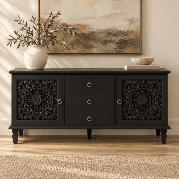 Atumcto Farmhouse TV Stand with Carved Doors, 3 Drawers & Adjustable Shelves, Black