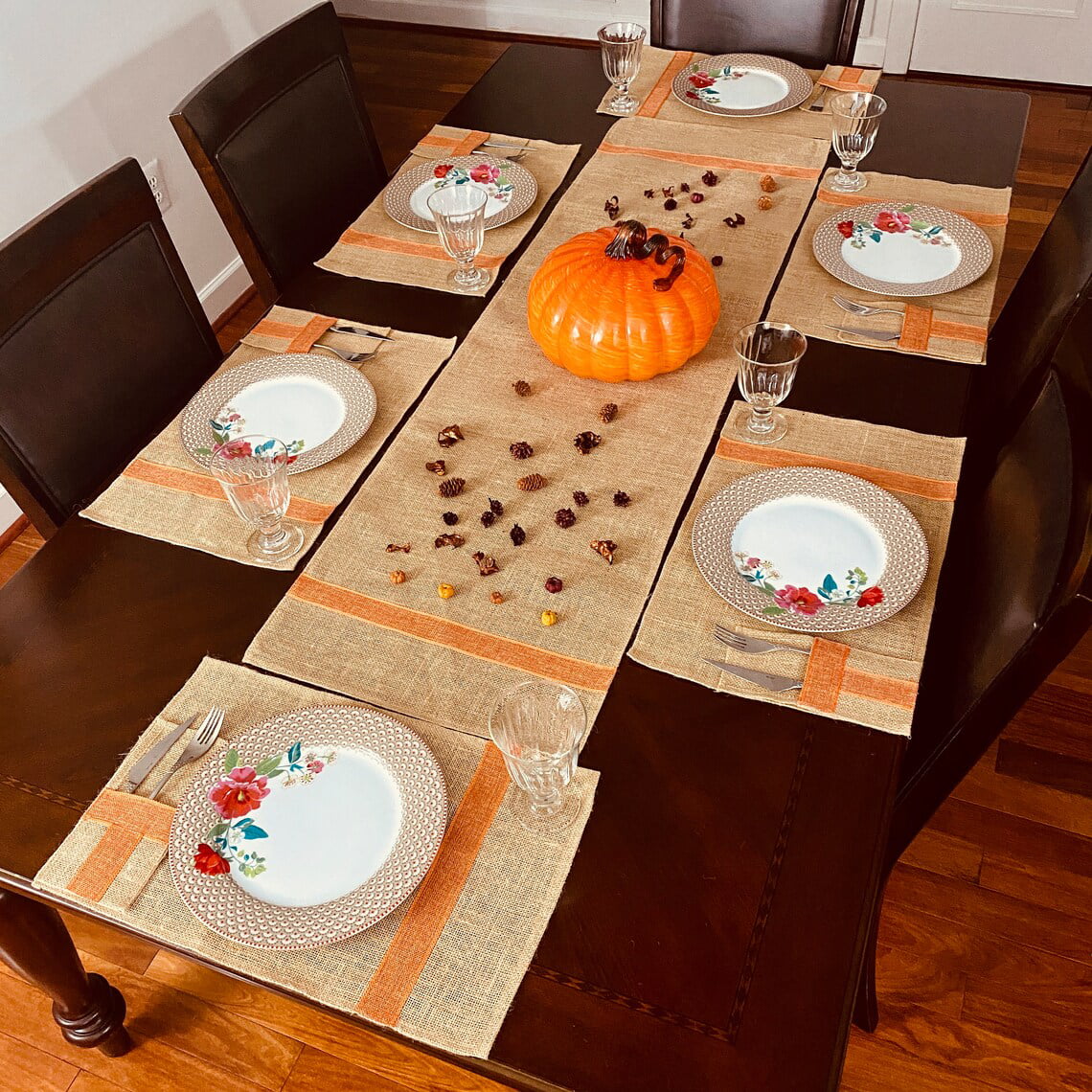Burlap Table Runner with Orange Stripe 16x56 inches Farmhouse Burlap Table Runners