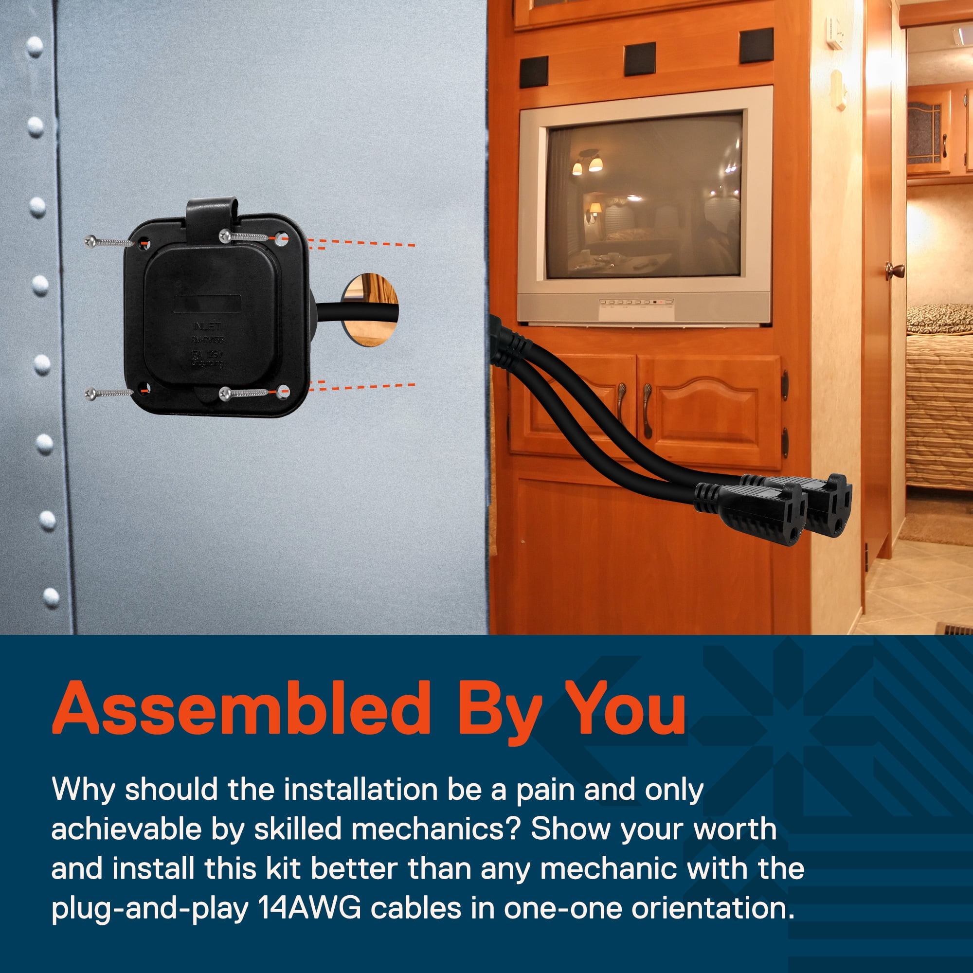 15A Flanged Inlet Shore Power Supply Receptacle w/ DUAL 16" Extension Cord for RV Camper Boat Trailer [NEMA 5-15 125V] [Low-Profile] [Dust/Waterproof] [3/14AWG Power Wire][ETL Approved][UV Resistant]