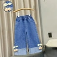 thumbnail image 2 of Posijego Little Girls Jeans Elastic Waist Wide Leg Denim Pants Loose Casual Summer Cute Denim Pants Girls 1-8 Years, 2 of 5