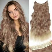 Ustar Long Wavy Invisible Wire Hair Extensions with Transparent Wire Synthetic Hairpiece 20 inch with 4 Secure Clips Adjustable Invisible Wire Headband for Women (Dark Ash Blonde and Golden Blonde)
