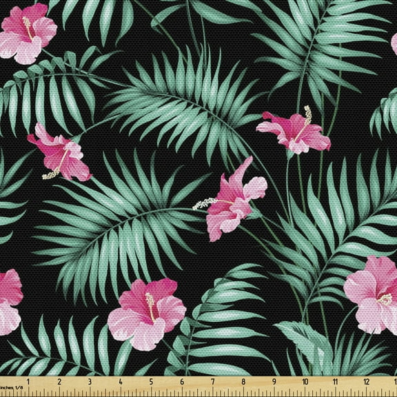 Ambesonne Hawaiian Fabric by the Yard Upholstery, Romantic Exotic Summer, 1 Yard, Mint Green Pale Pink