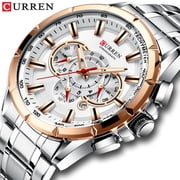 CURREN Watch 8363 Men Quartz Wristwatchwith Stainless Steel Strap Band Three Sub-Dials Waterproof Luminous Hands Silver and White Dial