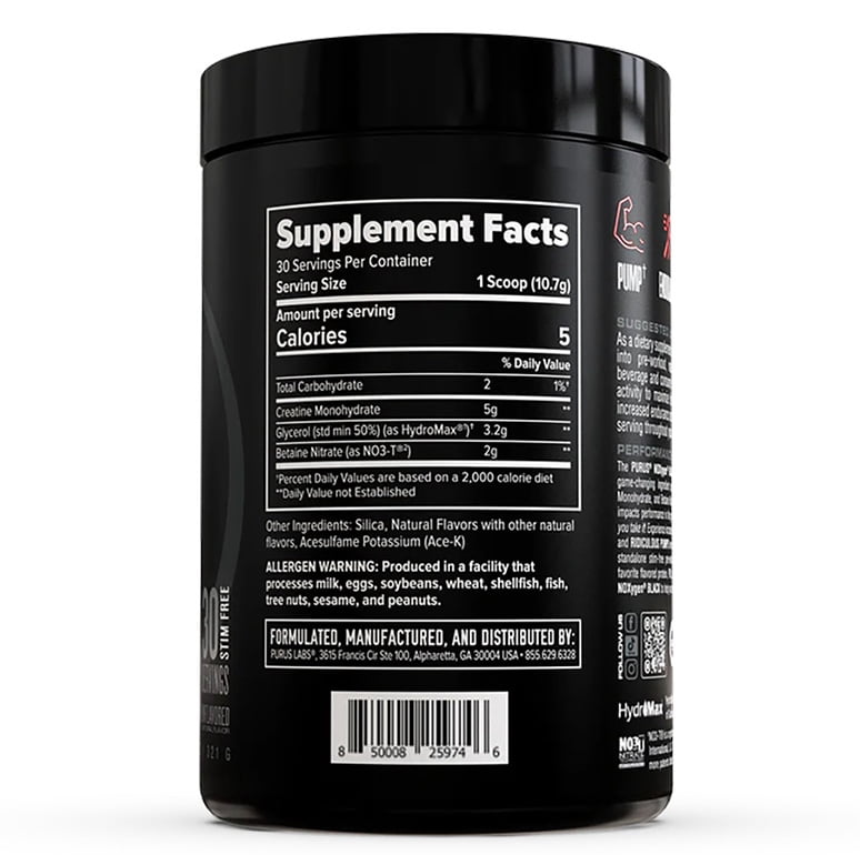 Purus Noxygen Black Unflavored Pump Preworkout Accelerator 11.3 oz