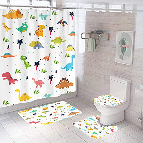 Anime Dinasaur Shower Curtain Bathroom Bath Curtains Mat Rug Carpet Free Hooks 