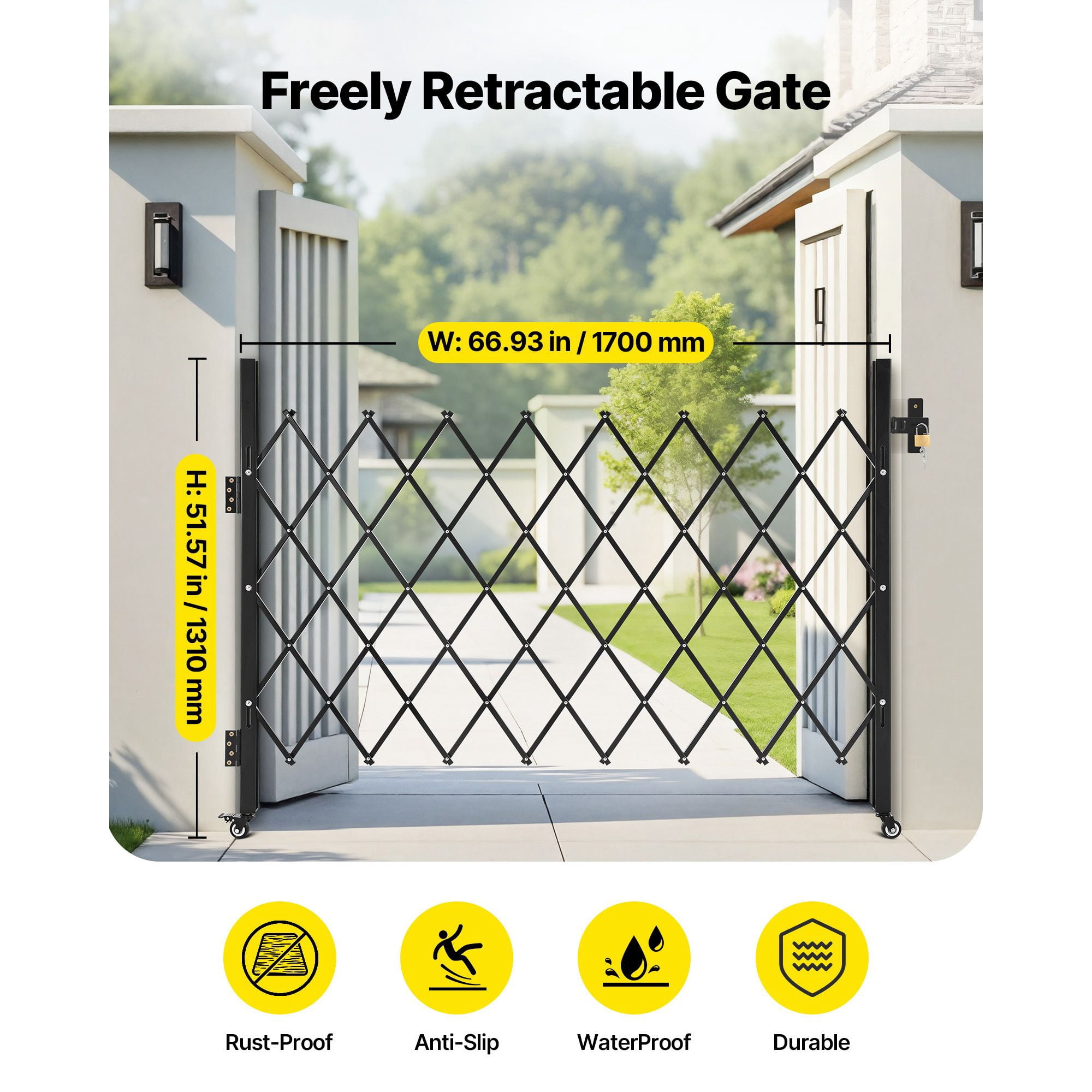 Lockable Retractable Security Gate with Wheels, 67x52 Inch, for Driveway & Pool Safety
