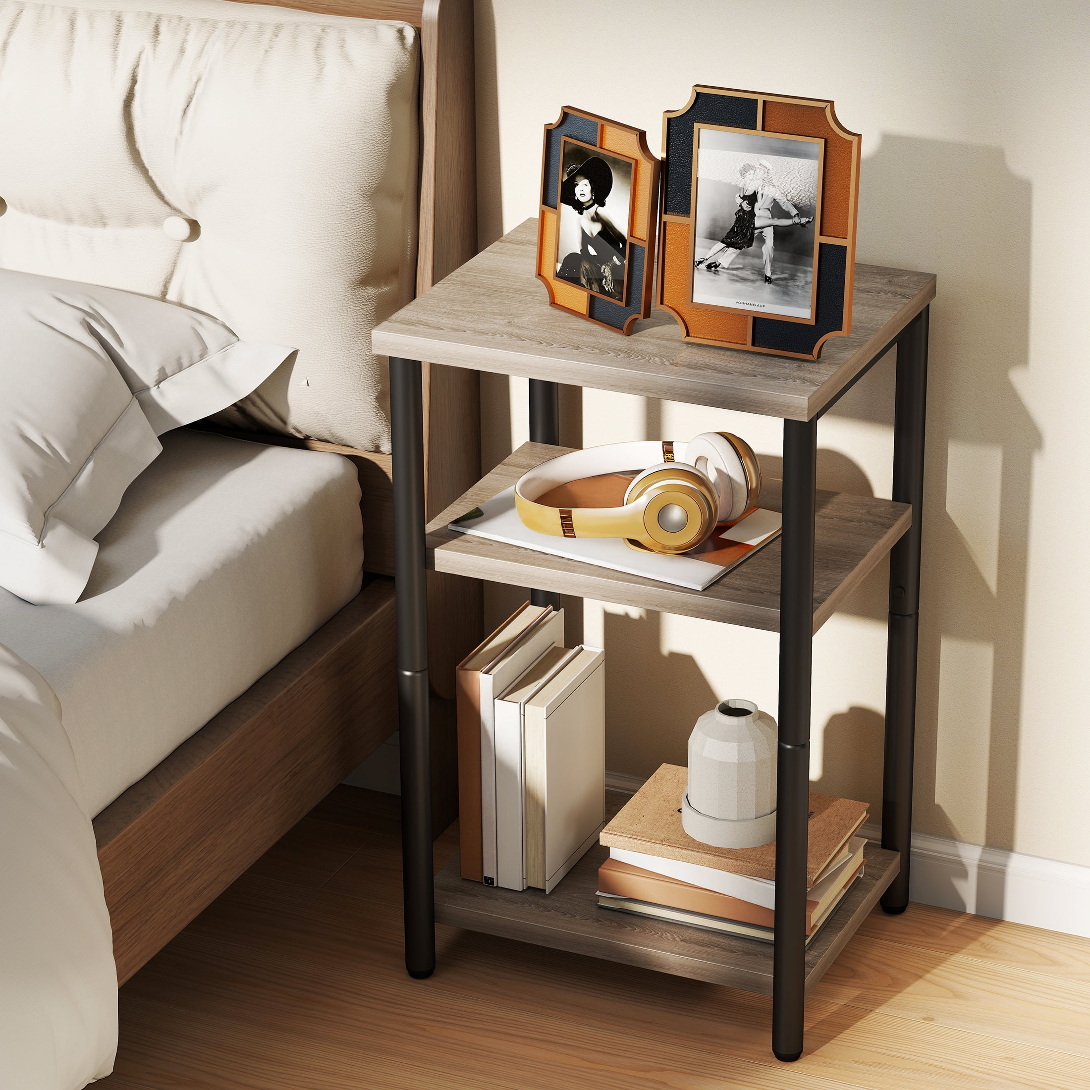 edx 3-Tier End Table, Nightstand, Storage Shelf for Living Room, Bedroom, Grey,11.81"W x 13.39"D x 22.8"H