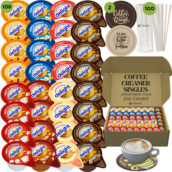 International Delight Coffee Creamer Singles Variety Pack (210ct) - Chocolate Caramel, Sweet Cream, and 5 More Flavored Pods