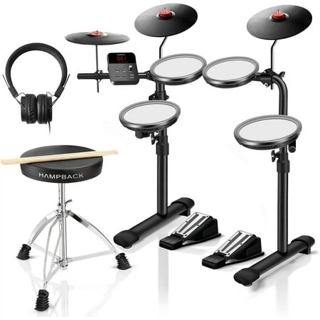 HAMPBACK MK-0 Electric Drum Set with 7'' Mesh Pads, 8'' Cymbals, 12 Kits, USB MIDI, Suitable for Beginners, Entry Level