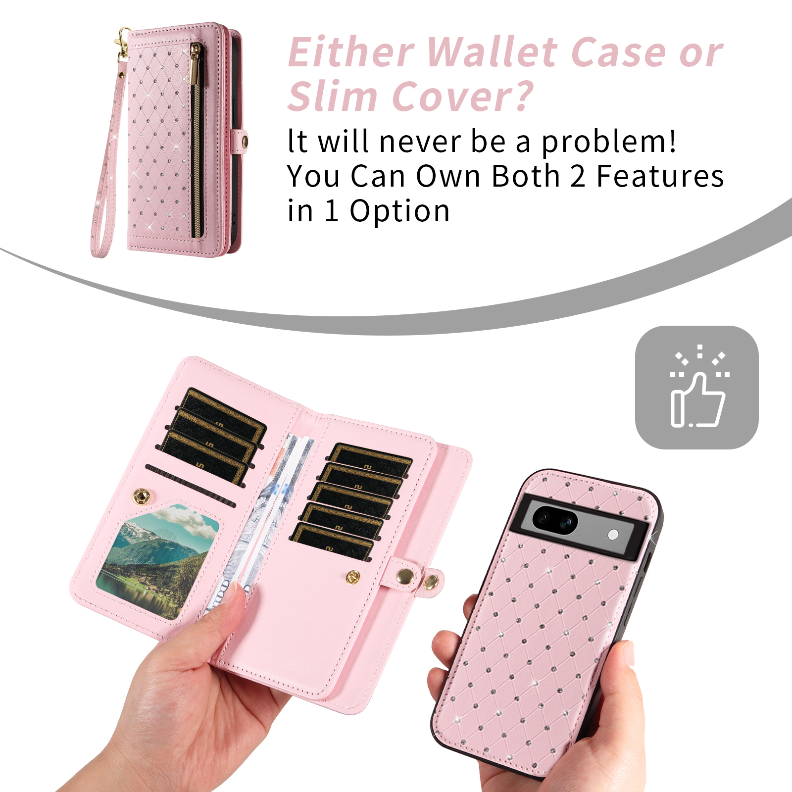 Asuwish Phone Case for Google Pixel 7A 5G 2023 Zipper Wallet Detachable Cell Cover with Tempered Glass Screen Protector Crossbody Lanyard Strap Bling Glitter Flip Card Holder Slot Pixel7A A7 Pink