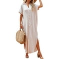 thumbnail image 2 of Women Swimsuit Cover Up Dress Short Sleeve Side Split Button Down Long Shirt Dress Cardigan Maxi Beach Dress, 2 of 5