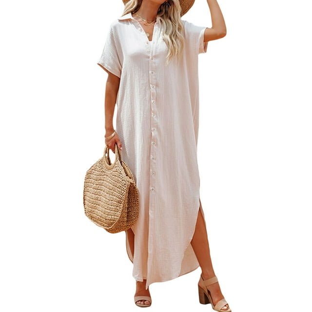 xiaxaixu Robe de Plage Décontractée pour Femmes, Couleur Unie Manches Courtes Boutonnée Col Rabattu Ample
