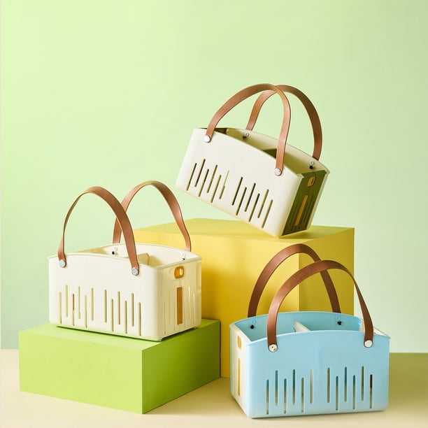 Cesta de almacenamiento plegable con asa - Organizador de baño de plástico con tabiques extraíbles, diseño hueco de secado rápido, montable en la pared, blanco/azul/verde