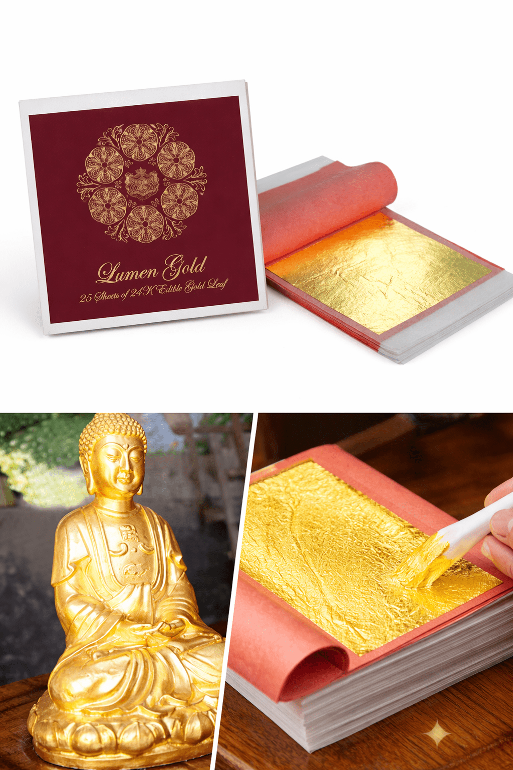 LumenGold 24 Karat Edible Gold Leaf 25 Sheets 8x8 cm