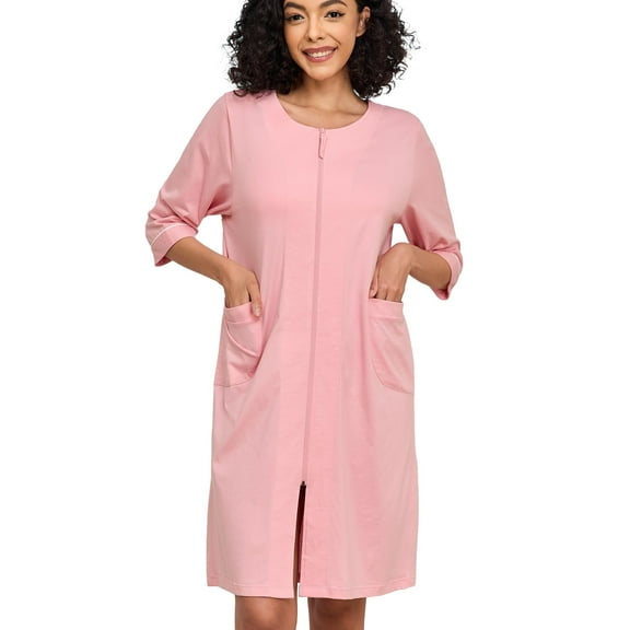 MAYFISH Women 100% Cotton Robe Summer Short Sleeve Zip Front Robes Soft Knit Lightweight Bathrobe 1Piece(Pink,L)