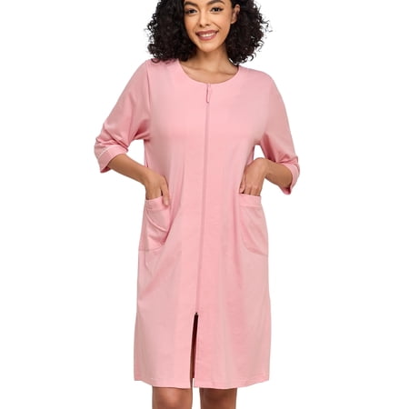 MAYFISH Women 100% Cotton Robe Summer Short Sleeve Zip Front Robes Soft Knit Lightweight Bathrobe 1Piece(Pink,L)