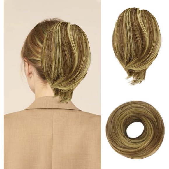 shiyou-Hair Bun Ponytail Extension, Straight Synthetic Highlight Bun Hairpiece For Women, Fully Short Ponytail Bun Extensions Elastic Bun Scrunchies Girls- Golden Blonde & Tobacco Highlights