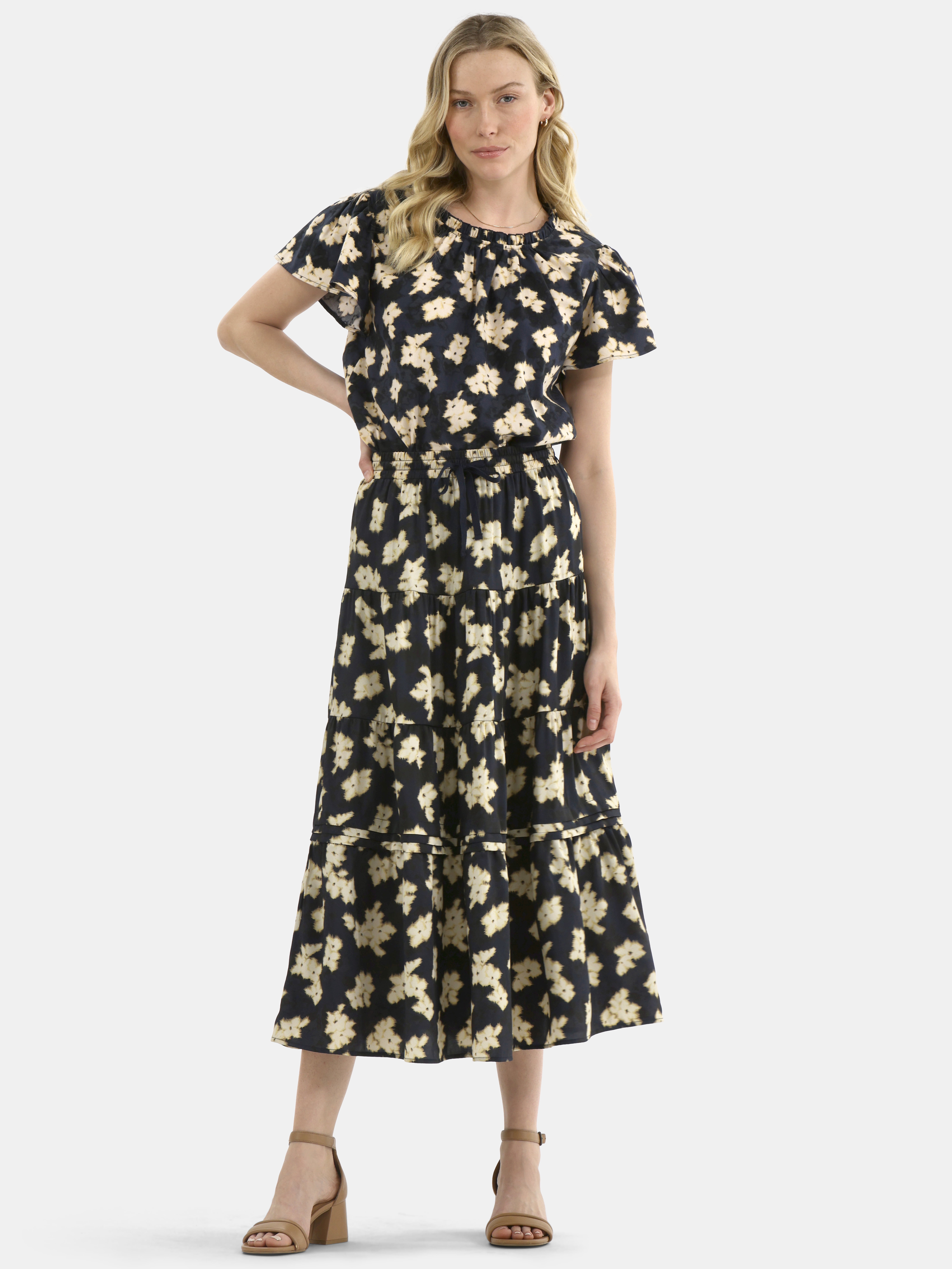 Time and Tru Women's Print Tiered Pull On Midi Skirt, Sizes XS-XXXL
