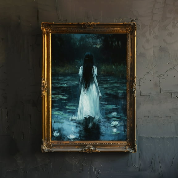 Victorian Women Walking in Dark Lake Print Dark Academia Art Gothic Decor Antique Illustration Victorian Era Poster Rustic Vintage Wall Art - Poster Unframed