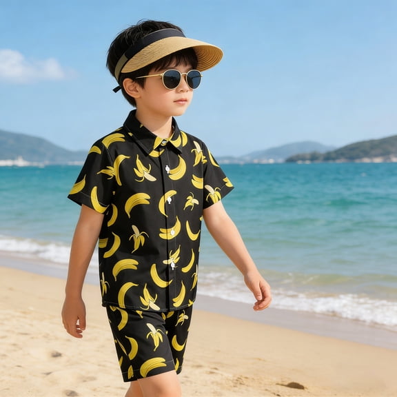 CAIVO Children Boys Outfit Sets Summer Banana Printed Lapel Short Sleeve Button Down Shirt And Short 2 Piece Kids Lovely Clothing Sets