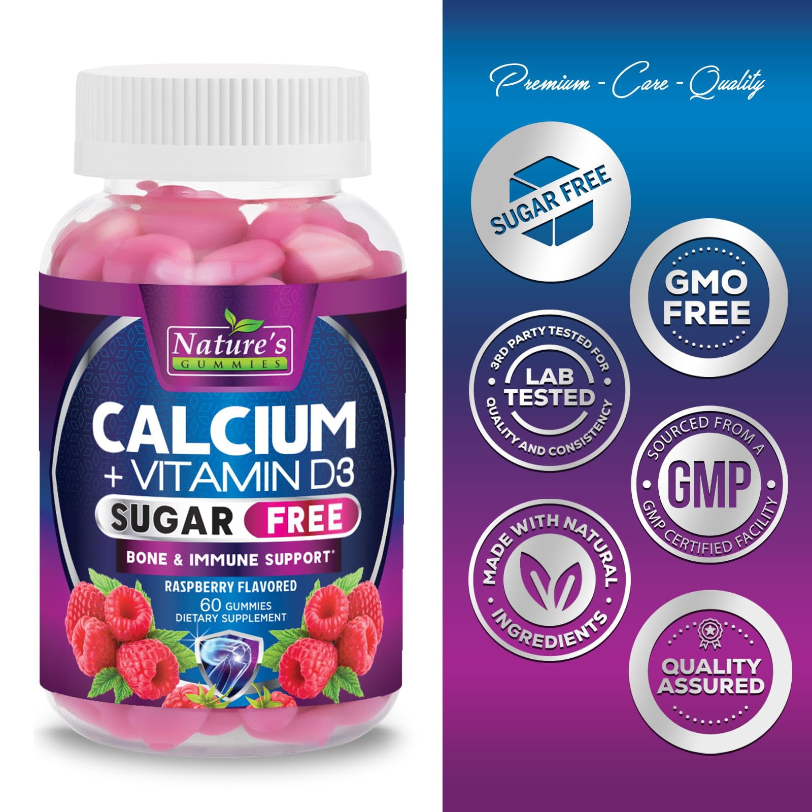 Calcium Supplement Gummies - Sugar Free Calcium Gummy with 400 IU Vitamin D3 for Best Absorption - Supports Immune Health, Bones & Teeth - Nature's Calcium Chews for Women & Men - 120 Gummies