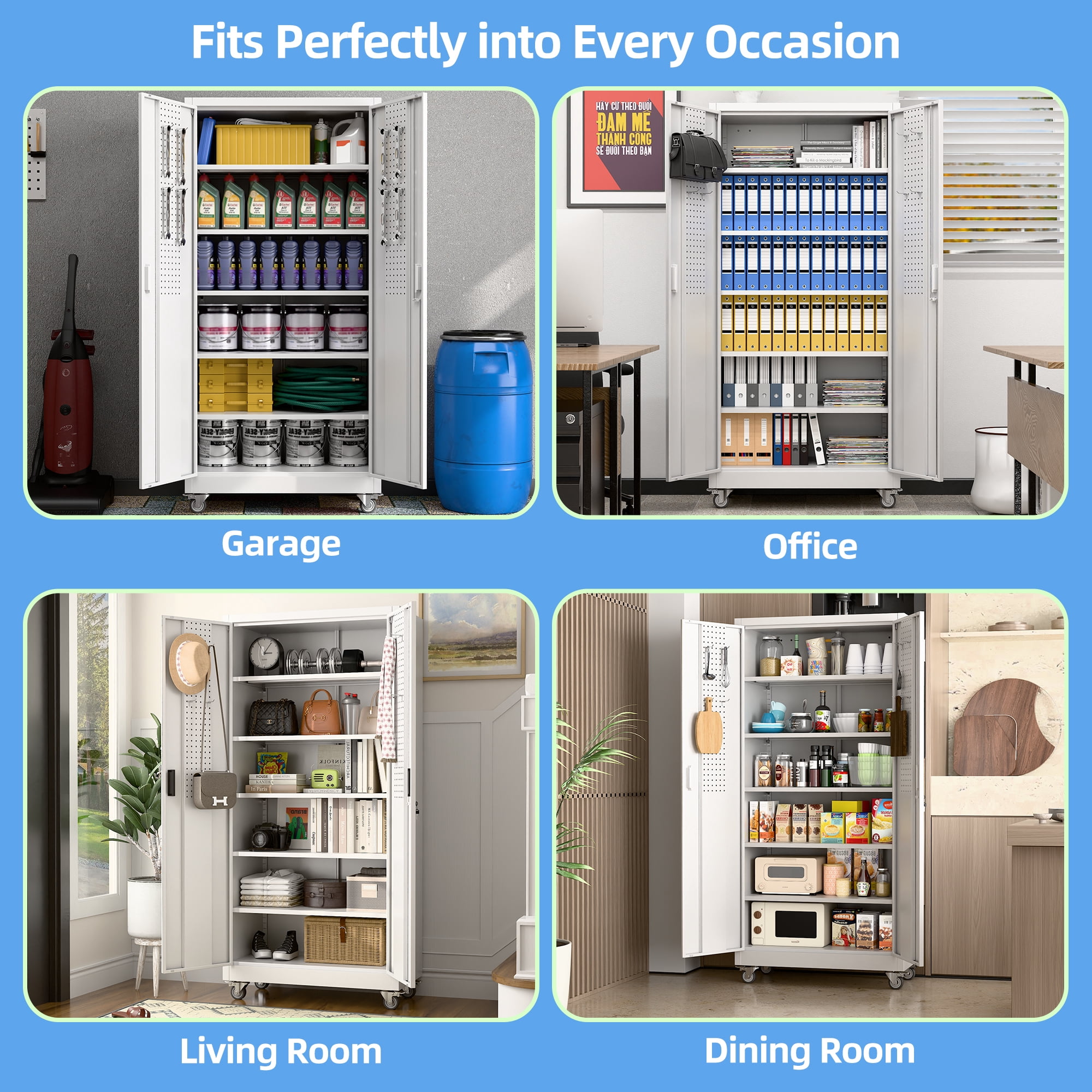 HUAXRON Metal Storage Garage Cabinet with Wheels, Office Cabinet with Storage Shelves and Double Doors, for Garage and Utility Room, Home Office, Assemble Required , White