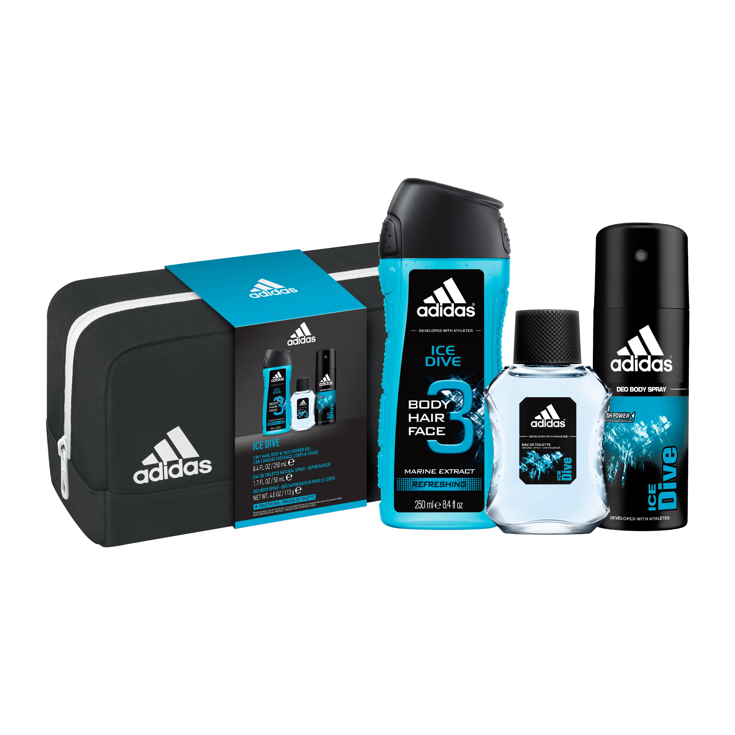 Berri Bandido Aliviar Adidas Ice Dive Body Wash, Body Spray & Cologne Spray + Travel Bag 3pc Gift  Set for Men - Walmart.com