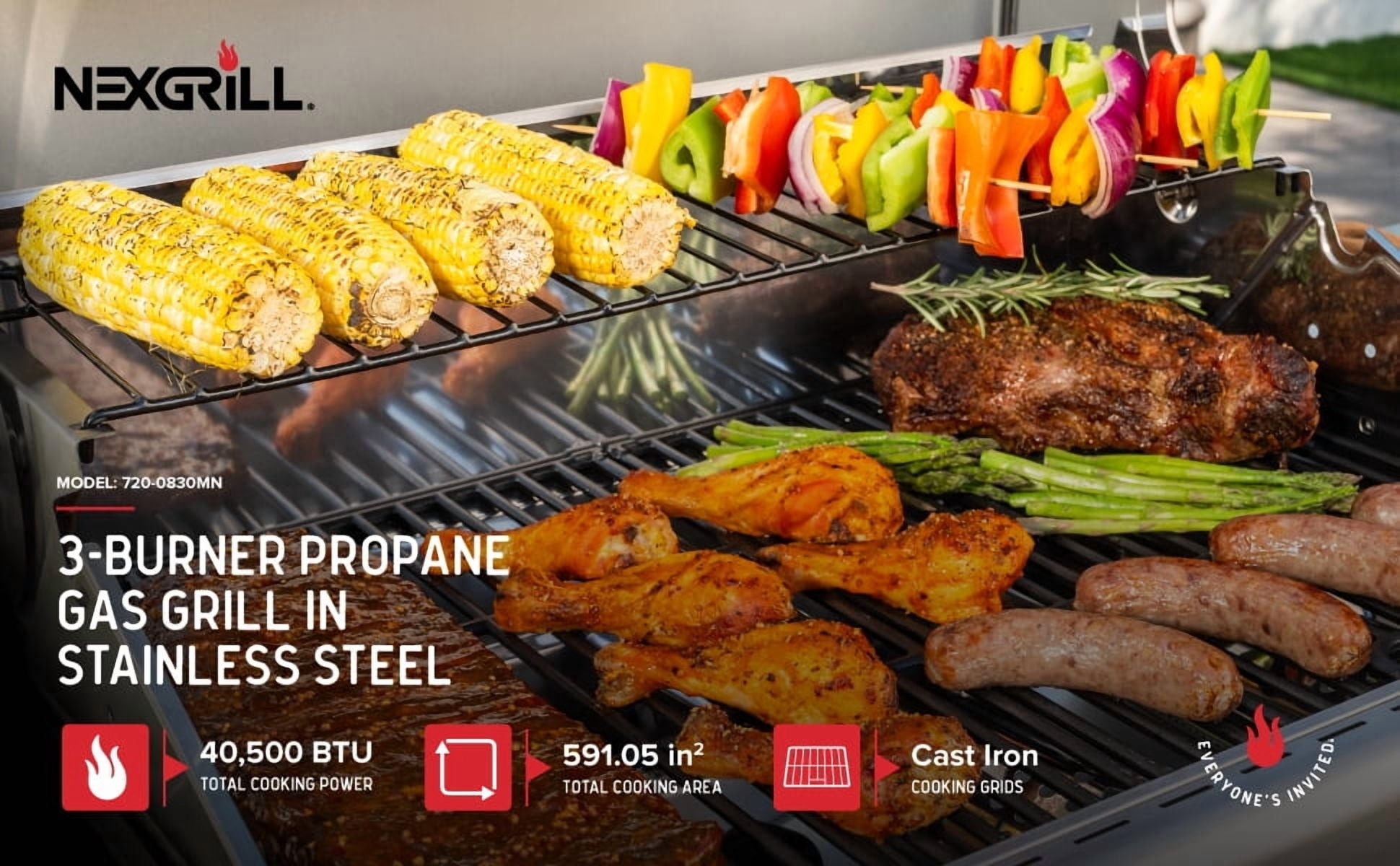 Nexgrill 3-Burner Stainless Steel Propane Gas Grill with Side Tables, 40,500 BTUs, 4 Wheel Transport, 591 SQ. IN. Cooking Space, Outdoor Kitchen Grill for BBQs, Patios, and More - 720-0830MN