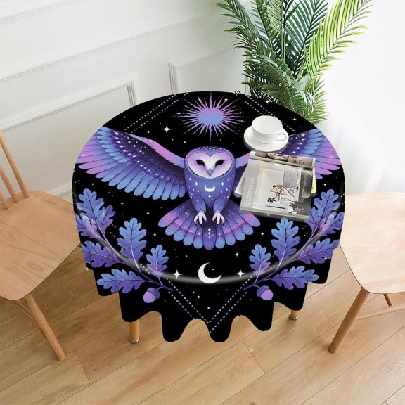 RKSupls 60 Inch Round Tablecloth, Cosmic Purple Owl Premium Polyester Straight Edge Wrinkle Resistant Washable Table Cover for Party Home Dining Decor
