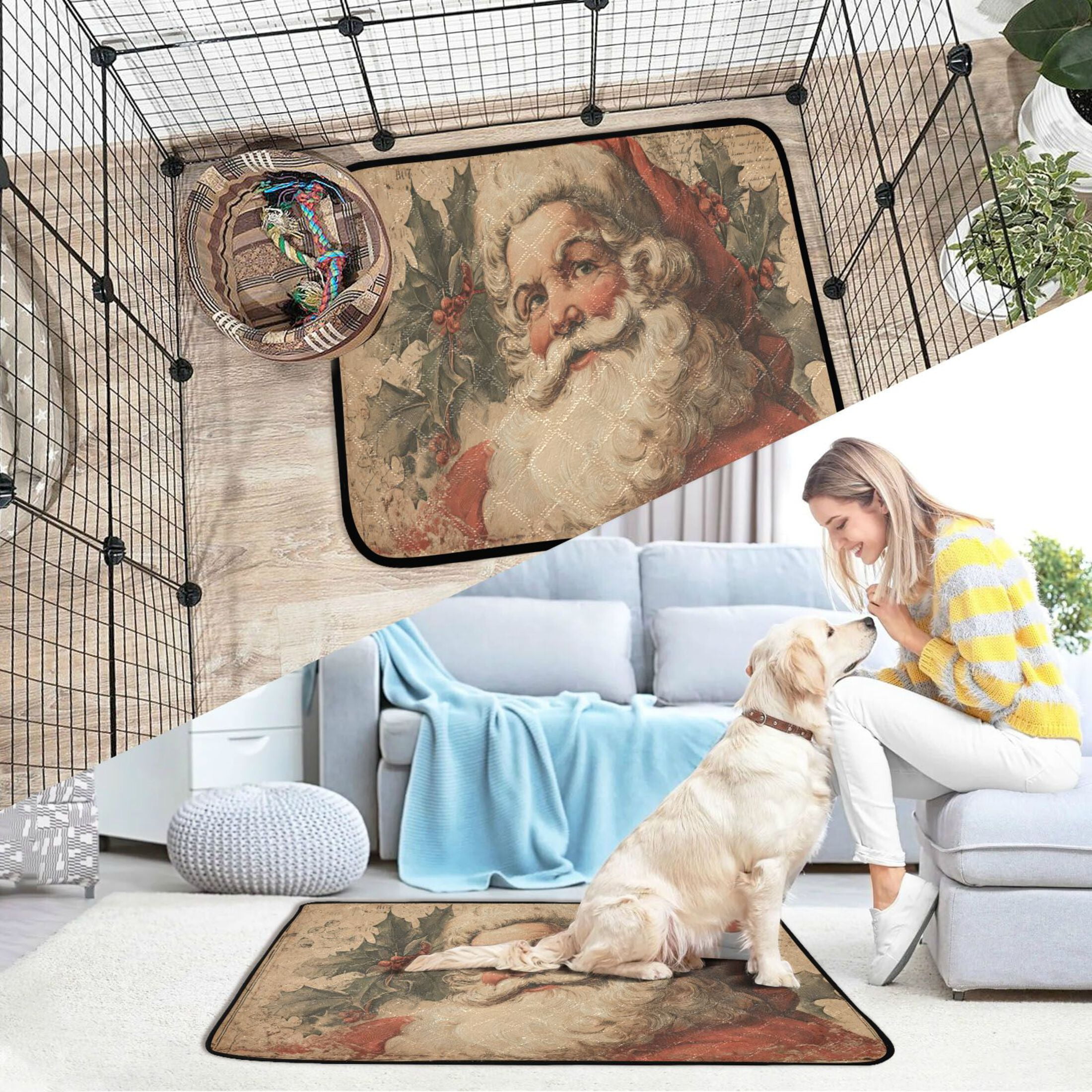 Qxltty Retro Santa Claus Cat litter Pads Pet Set of 2 Diaper Mats Center Anti-leakage Layer Absorbent Soft and Comfortable