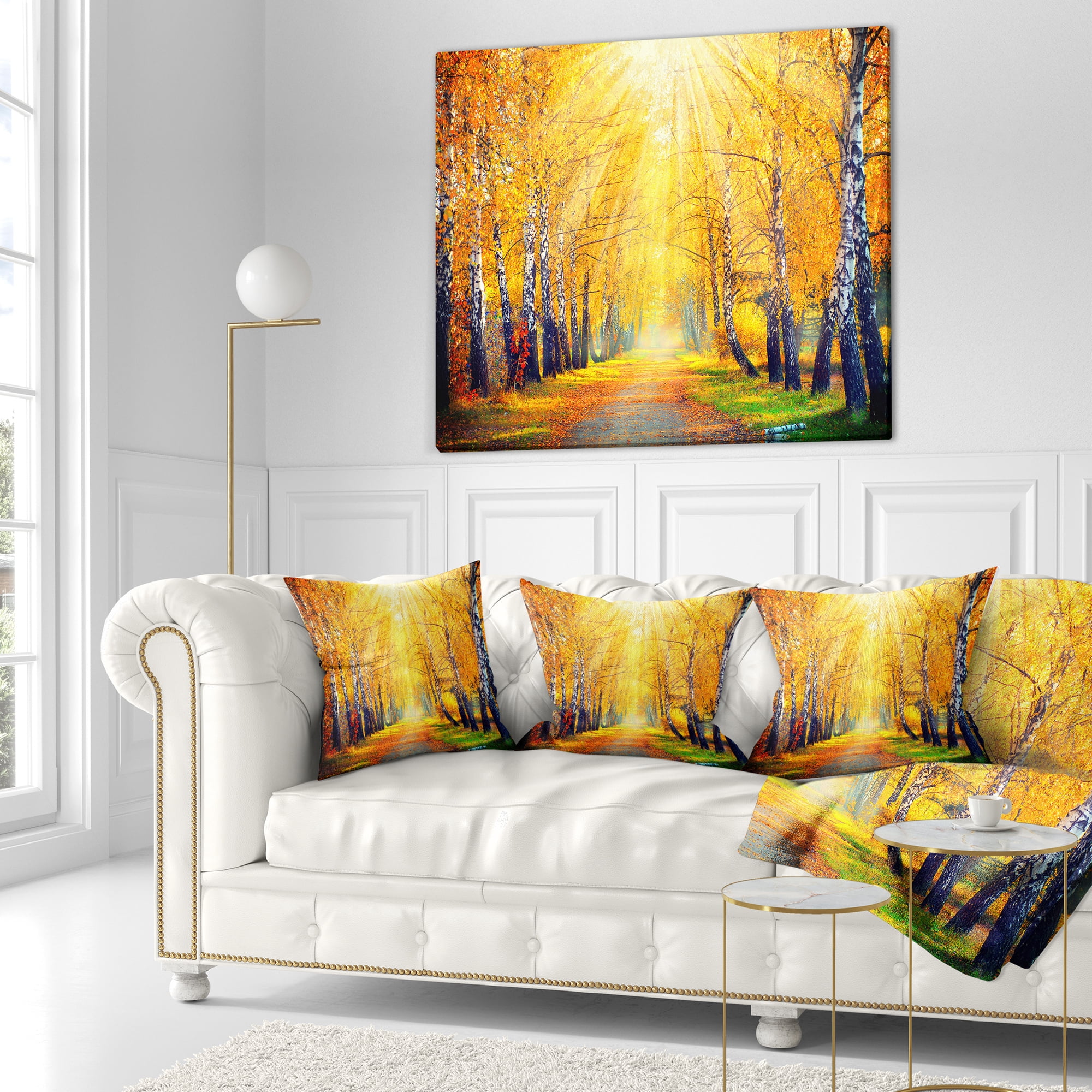 Designart Yellow Autumn Trees in Sunray - Landscape Printed Throw Pillow - 16x16