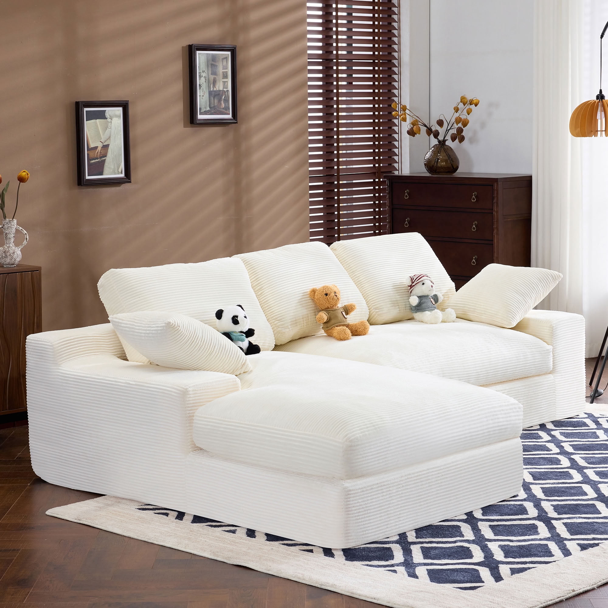 MAYEERTY L-Shaped Corduroy Sectional Sofa with Chaise Lounge, Compressed No-Assembly Couch with 3 Back Cushions & 2 Throw Pillows, for Apartment Living Room Small Spaces