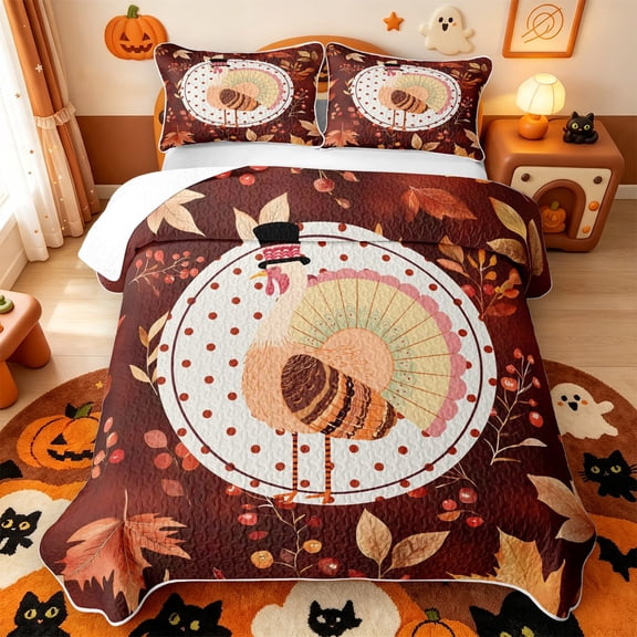 Manfei Colorful Fall Leaf Pattern Quilt Full,Thanksgiving Turkey Print Full Bedspread Sets,3pcs,1 Coverlet and 2 Pillowcases