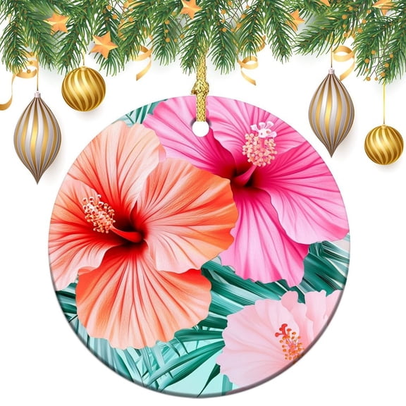 Tropical Flowers Hibiscus with Green Palm Leaves Christmas Ceramic Ornament Hibiscus Summer Tropical Leaves And Flowers Circle Ornament Christmas Xmas Tree Ornament Decoration Hanging Pendant Decor