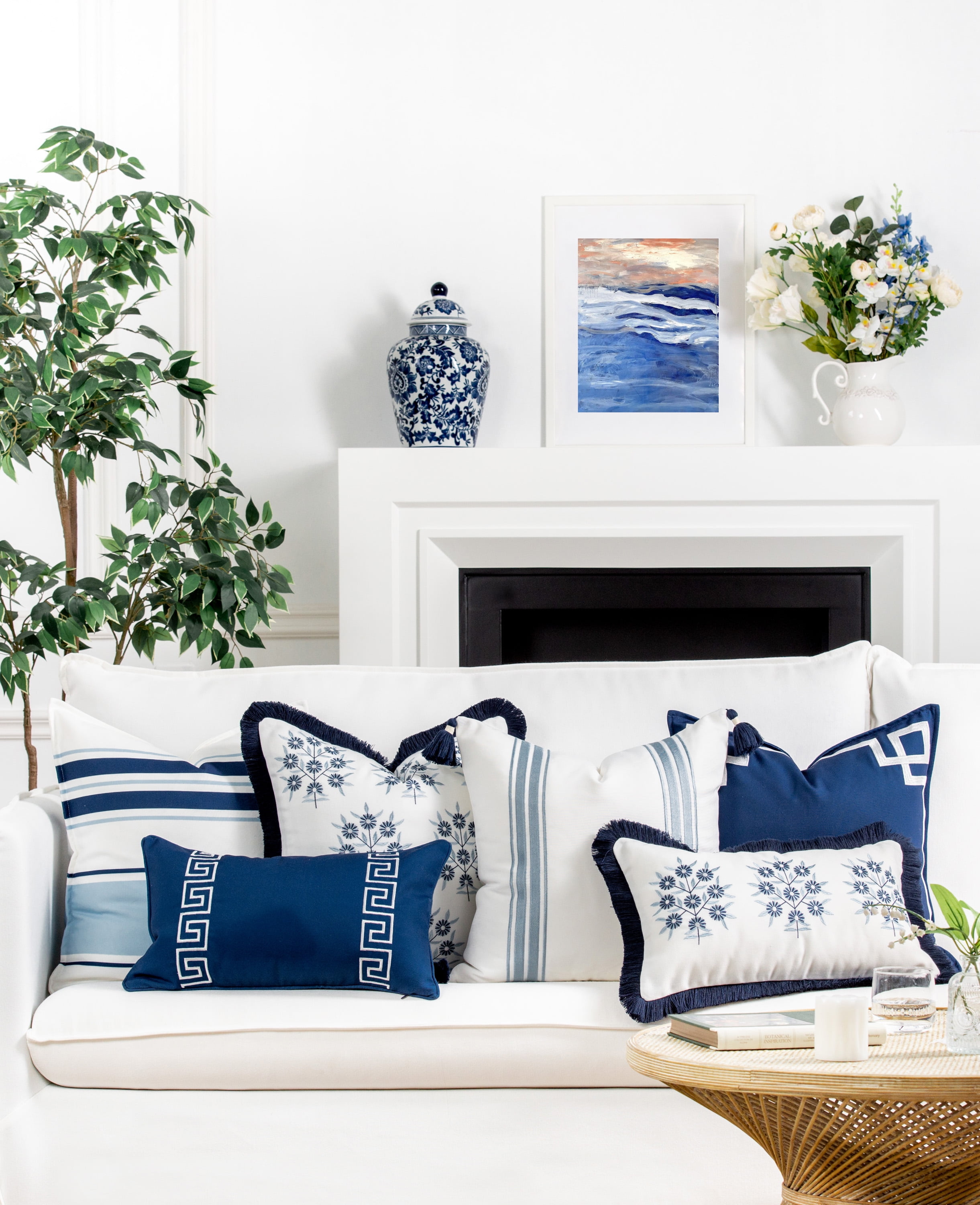 Hofdeco Premium Coastal Patio Indoor Outdoor Lumbar Pillow Cover Only, 12"x20" Water Repellent for Backyard, Couch, Navy Blue Embroidered Floral with Fringe