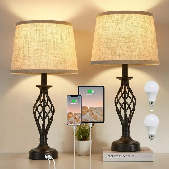NATYSWAN Table Lamps Set of 2 with USB C A Ports, Modern Bedside Lamps with Spiral Cage Base, Fabric Shade, Nightstand Lamp for Living Room Bedroom