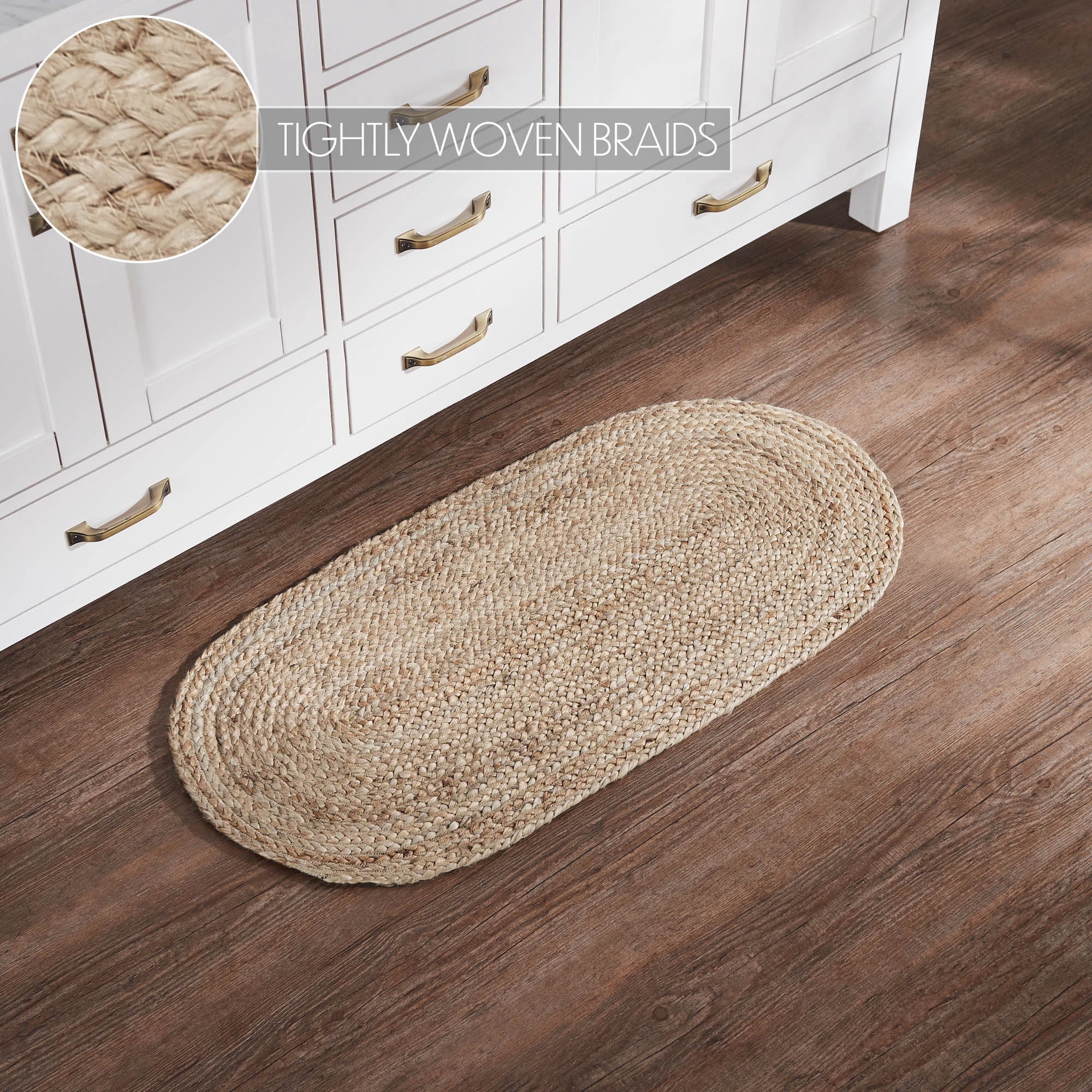VHC Brands Jute Rug 17x36 w/Pad, Jute Area Rug, Accent Rug, Floor Decor, Braided, Natural Jute Collection, Oval 17x36, Natural