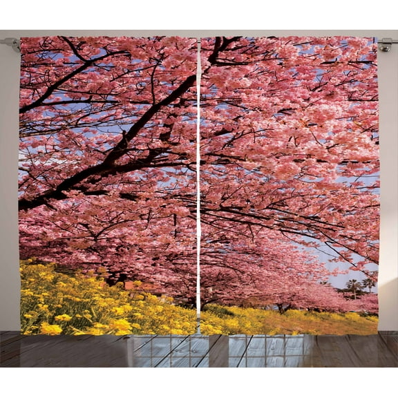 Ambesonne Cherry Tree Curtains 2 Panel Set, Spring Sakura Japanese, 108" x 84", Fuchsia Pink