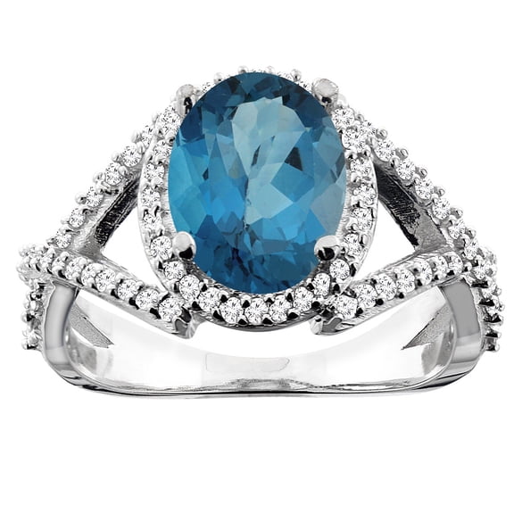 10K White Gold Natural London Blue Topaz Ring Oval 10x8mm Diamond Accent, size 5